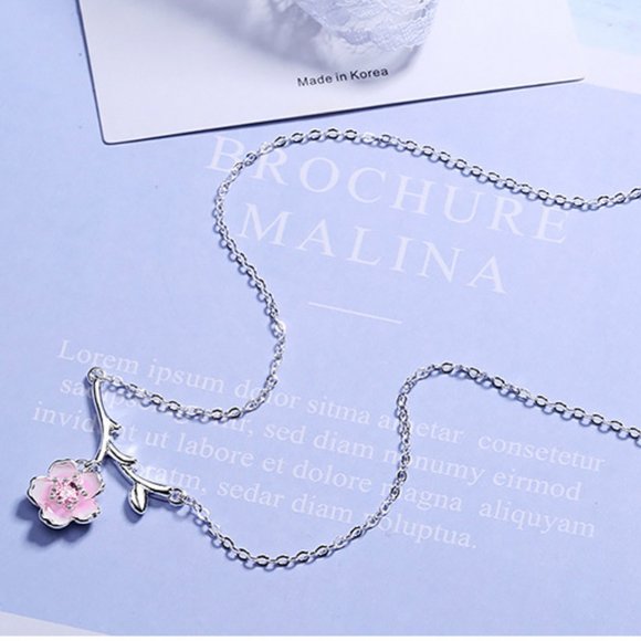 #NEW 925 Sterling Silver Pink White Diamond Cherry Blossom Leaf Branch Necklace - Picture 5 of 11